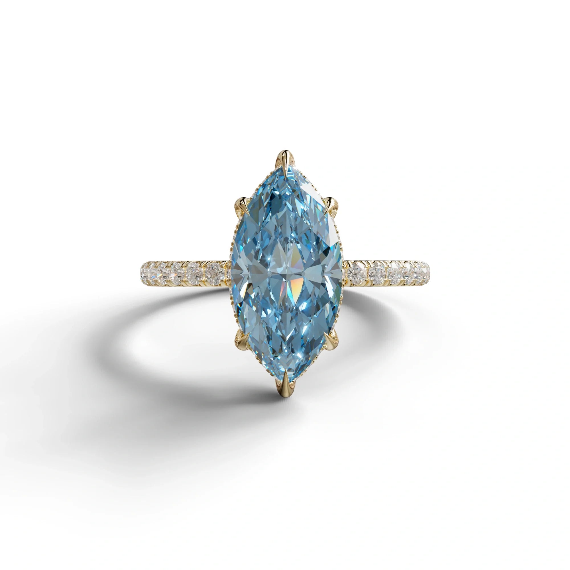 3 Carat Blue Marquise Cut Lab Diamond In Hidden Halo & Pave Setting Ring - 10K Solid Gold / Yellow Gold