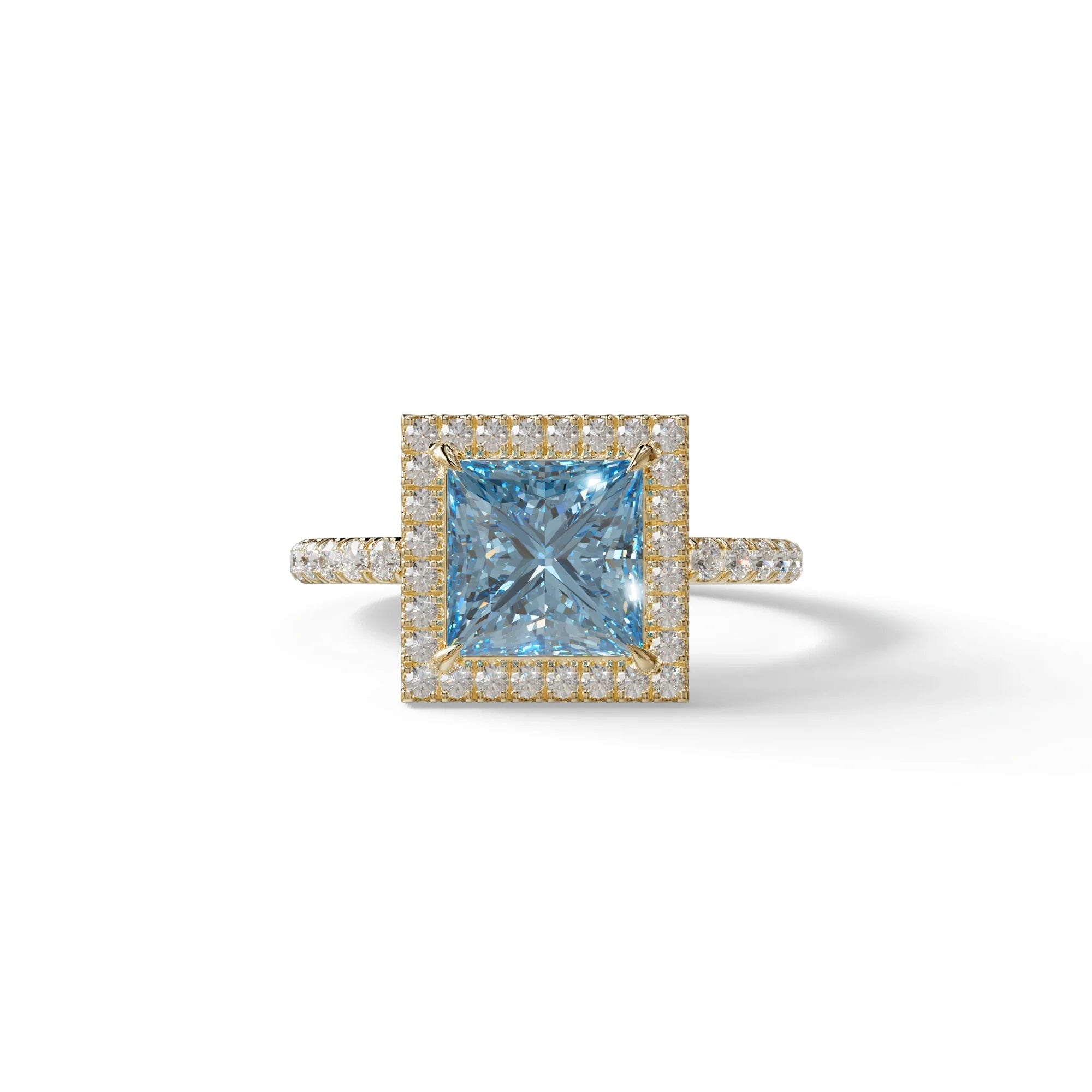 2 Carat Blue Princess Cut Halo & Pave Lab Diamond Ring - Diamond Prime - 10K Solid Gold / Yellow Gold
