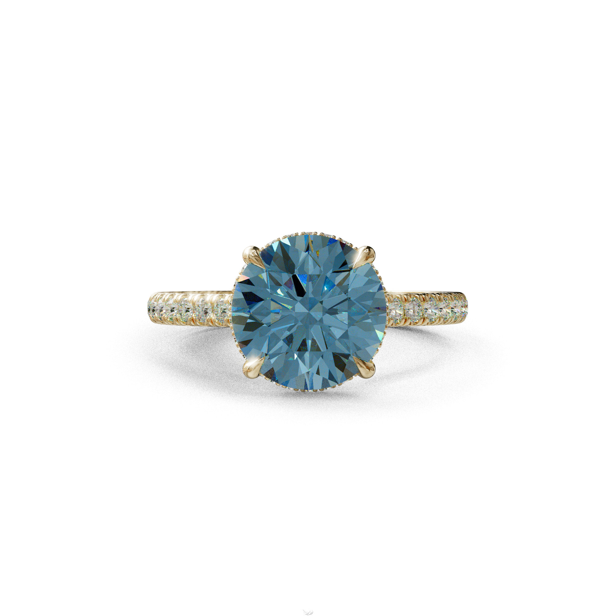 3 Carat Blue Round Cut Hidden Halo & Pave Setting Lab Diamond Ring _- Eblouissant - 10K Solid Gold / Yellow Gold