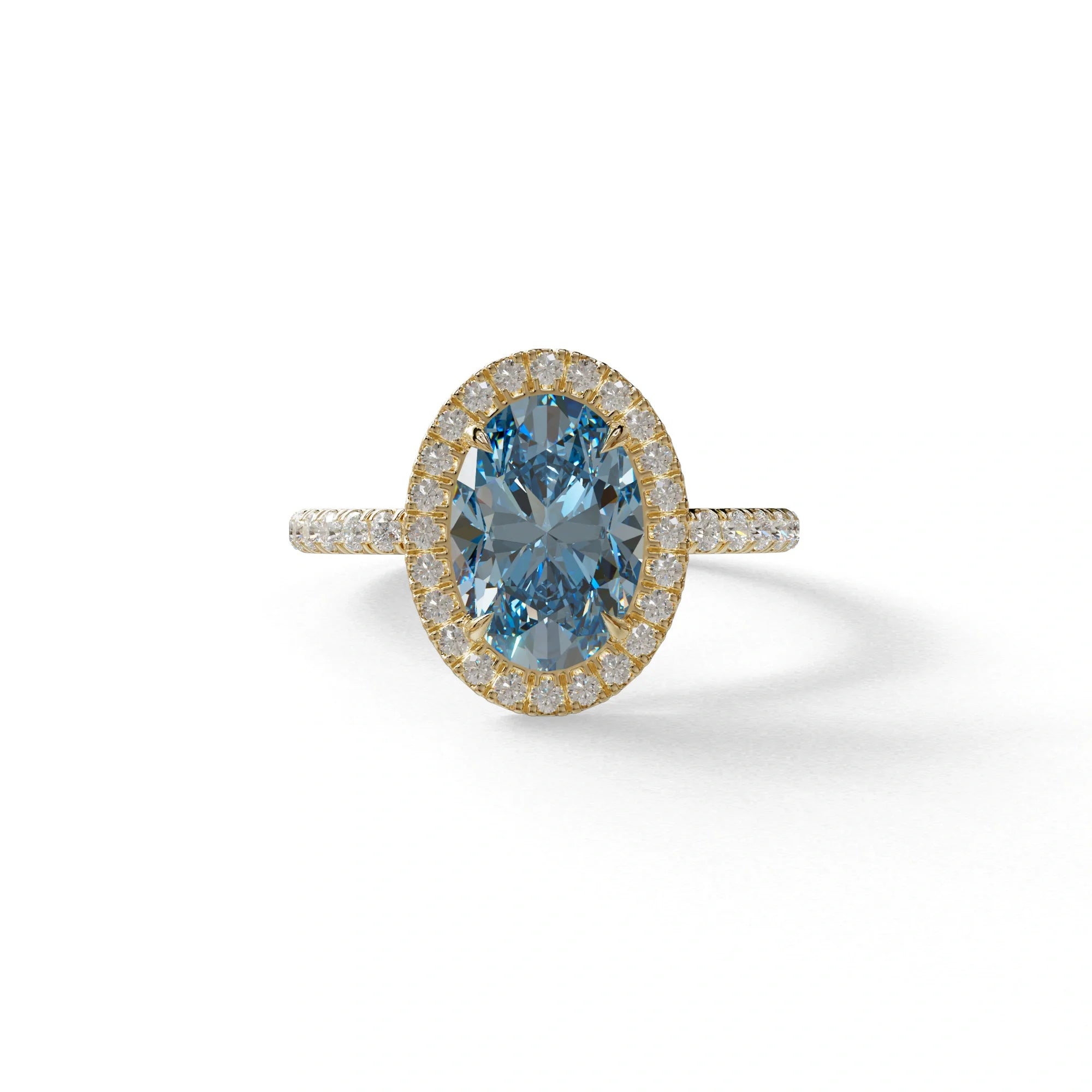 Blue Oval Cut Halo & Pave Lab Grown Diamond Engagement Ring - AnnaBella - 2 Carat / 10K Solid Gold / Yellow Gold