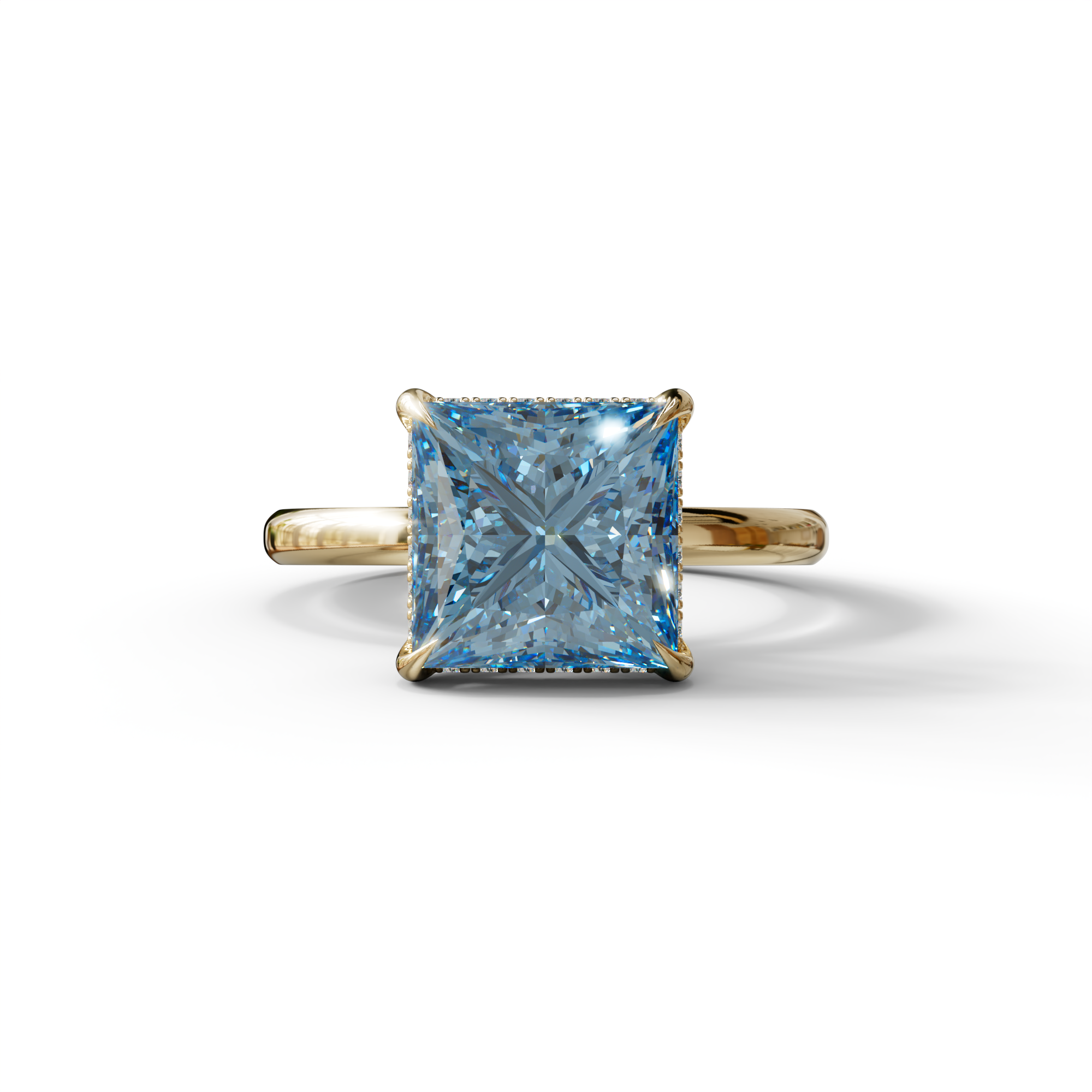 3 Carat Princess Cut Blue Lab Diamond Hidden Halo Engagement Ring - 10K Solid Gold / Yellow Gold