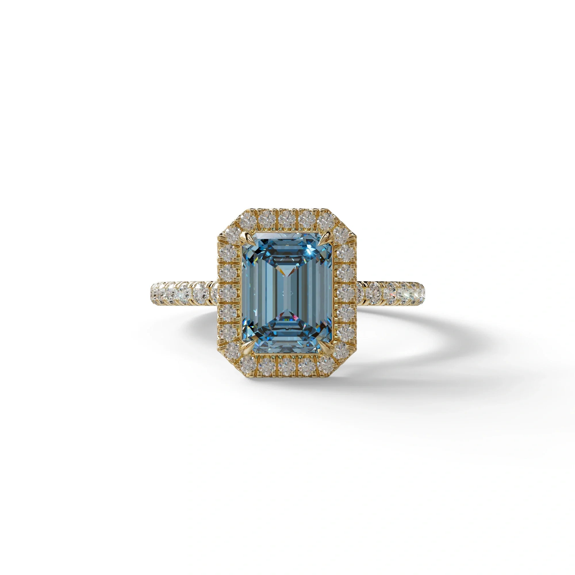 Blue Emerald Cut Halo & Pave Lab Grown Diamond Engagement Ring - Viola - 2 Carat / 10K Solid Gold / Yellow Gold
