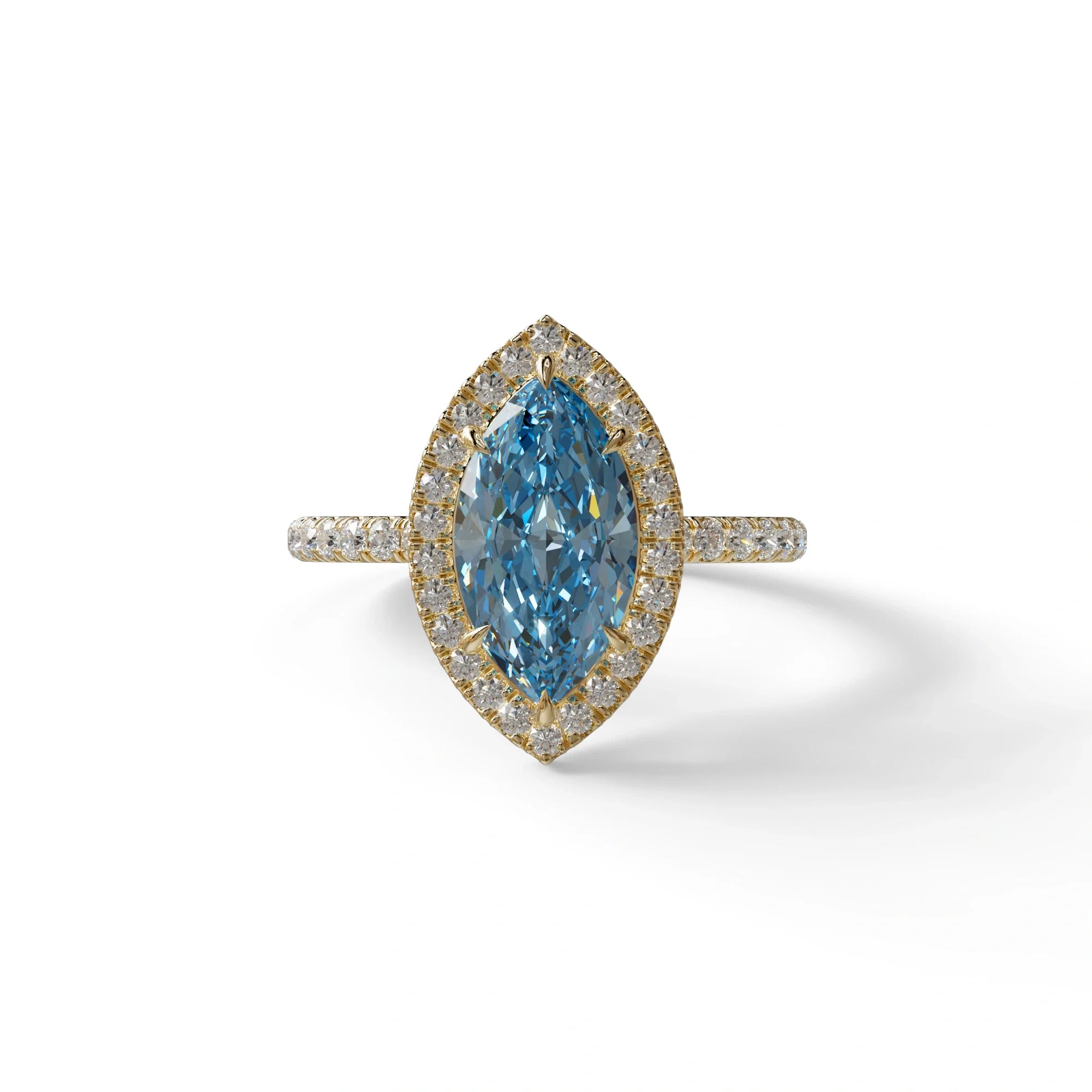Blue Marquise Cut Halo & Pave Lab Grown Diamond Engagement Ring - Simplicity - 2 Carat / 10K Solid Gold / Yellow Gold