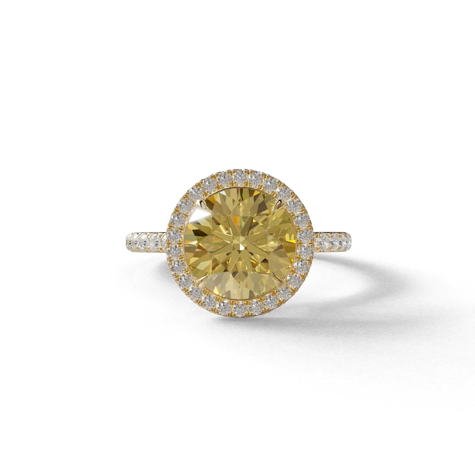 Fancy Yellow Round Cut Halo & Pave Lab Grown Diamond Engagement Ring - Flutura - 2 Carat / 10K Solid Gold / Yellow Gold