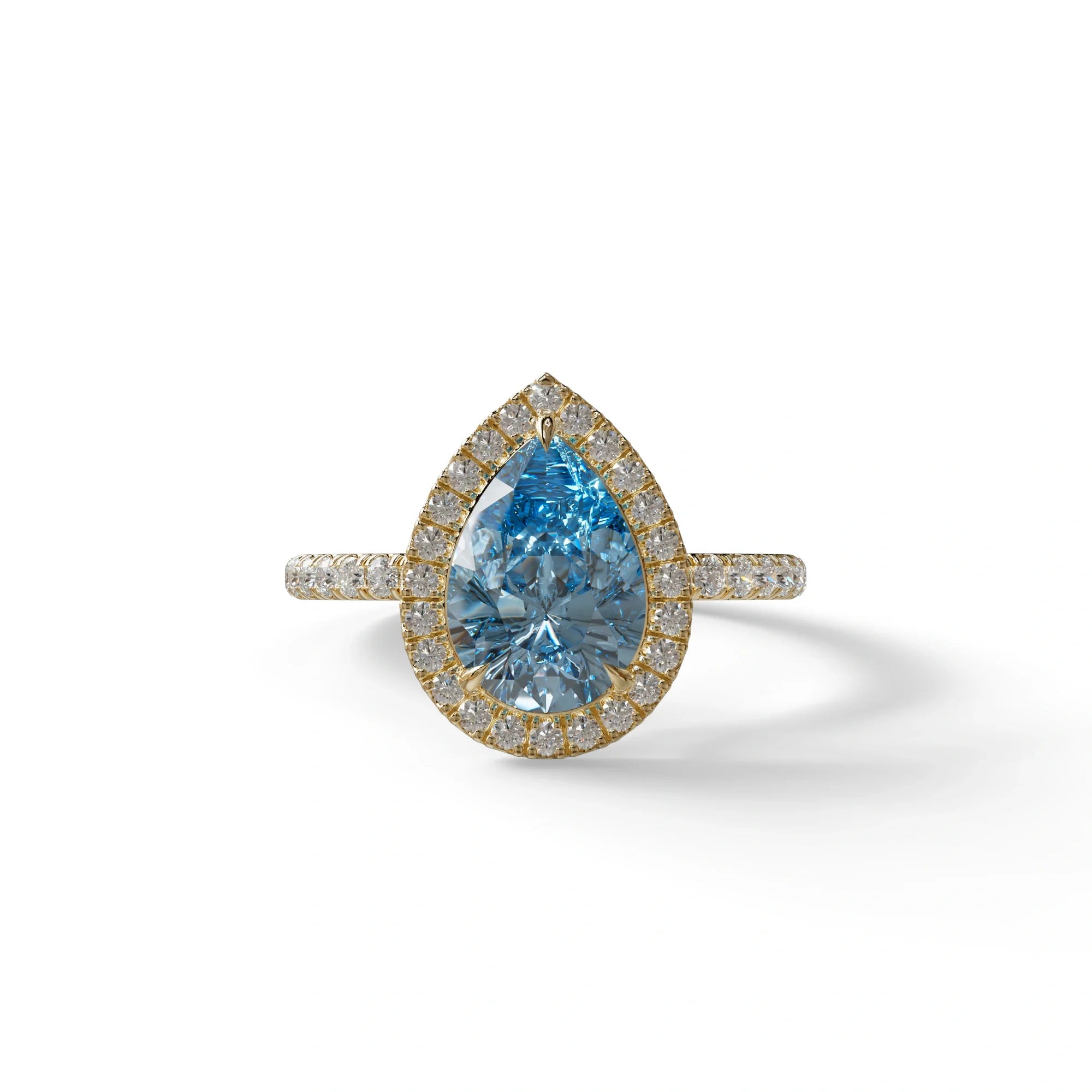 2 Carat Blue Pear Cut Halo & Pave Lab Diamond Ring - Glam Deck - 10K Solid Gold / Yellow Gold