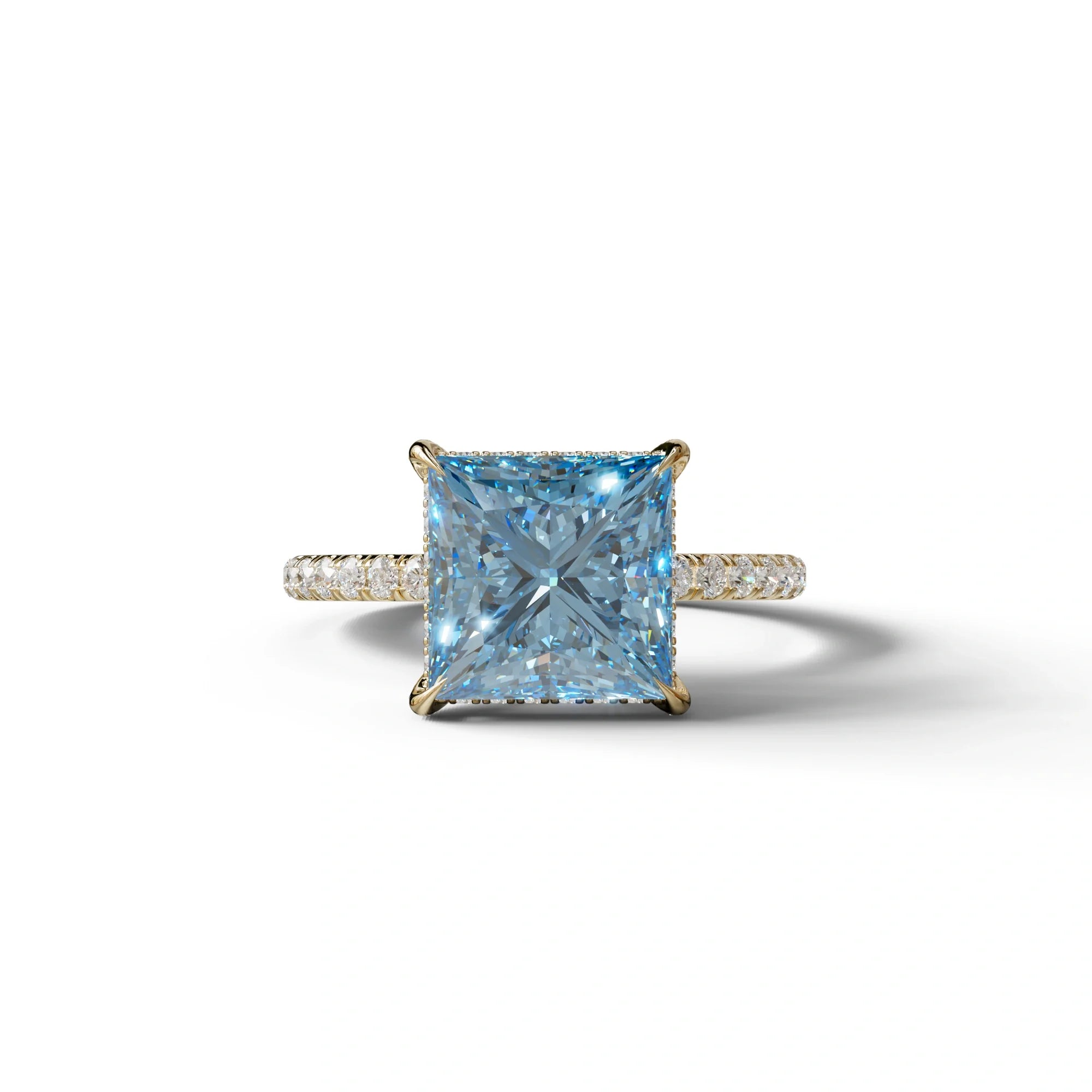 3 Carat Blue Princess Cut Hidden Halo & Pave Lab Diamond Ring - 10K Solid Gold / Yellow Gold