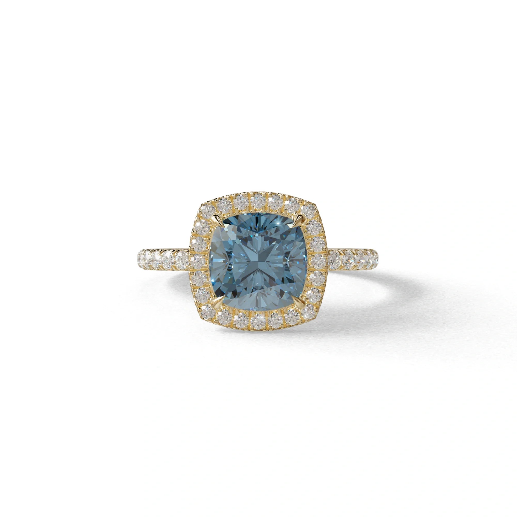 Blue Cushion Cut Halo & Pave Lab Grown Diamond Engagement Ring - Rosa - 2 Carat / 10K Solid Gold / Yellow Gold