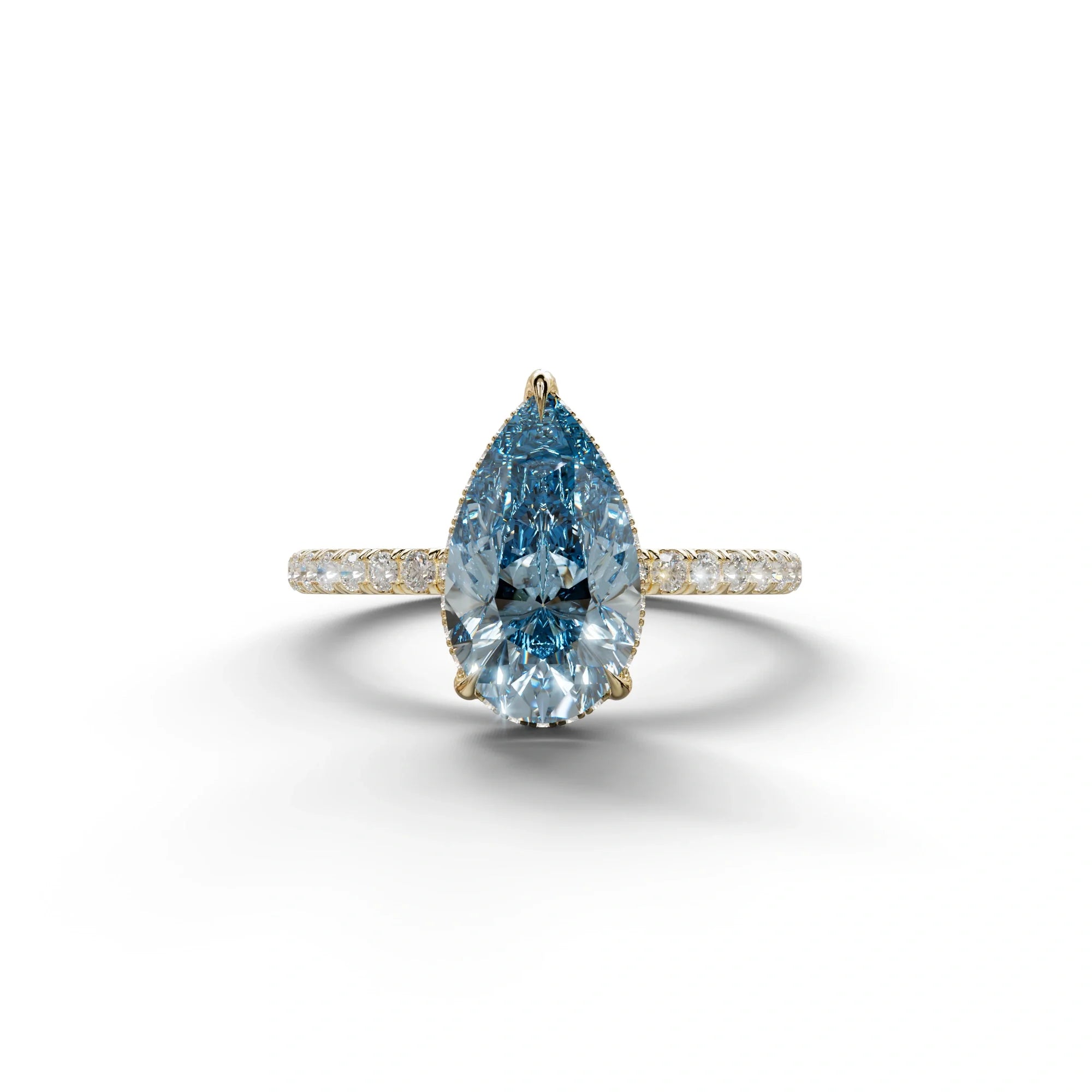 2 Carat Blue Pear Cut Hidden Halo & Pave Lab Diamond Ring - 10K Solid Gold / Yellow Gold
