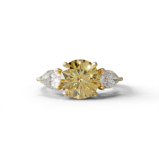 5 Carat Yellow Round & Pear Cut Three Stone Lab Diamond Ring - Luminous