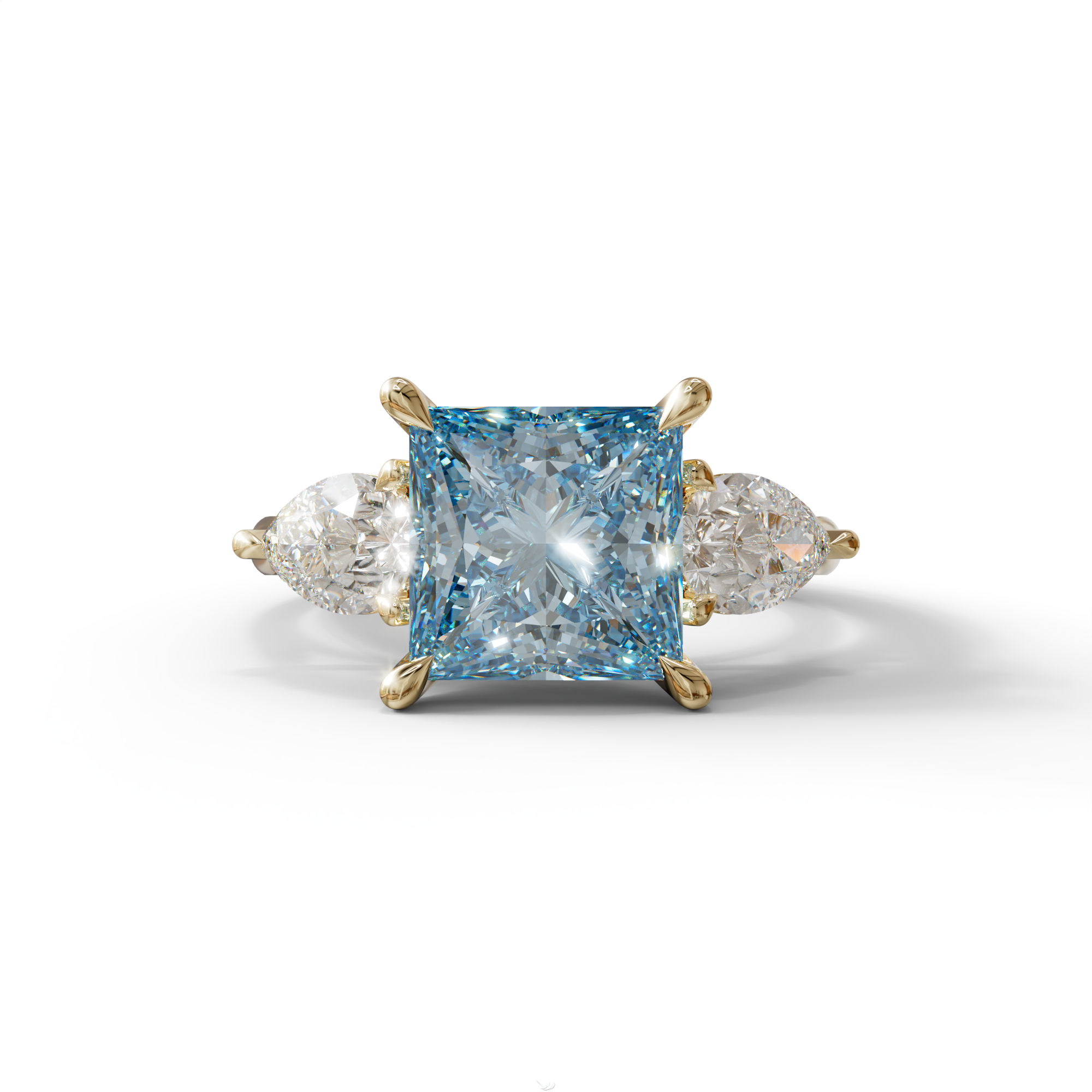 4 Carat Fancy Blue Princess Cut Three Stone Lab Grown Diamond Engagement Ring - 10K Solid Gold / Yellow Gold