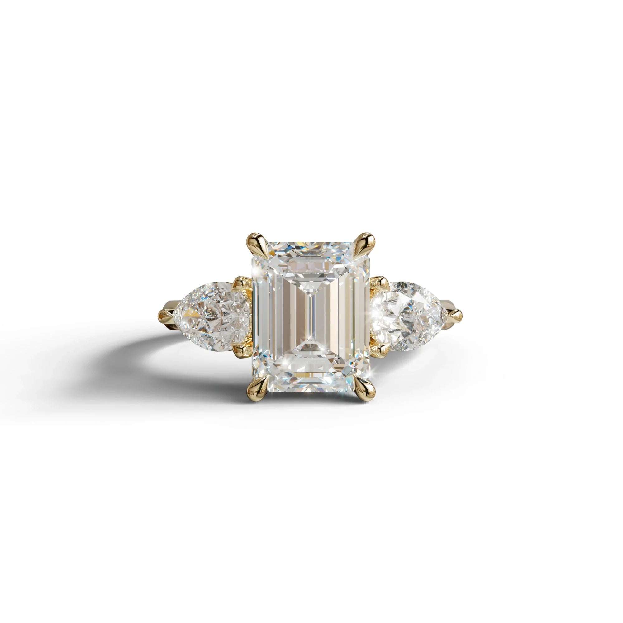 4 Carat E/VVS Emerald & Pear Cut Three Stone Lab Grown Diamond Engagement Ring - 10K Solid Gold / Yellow Gold