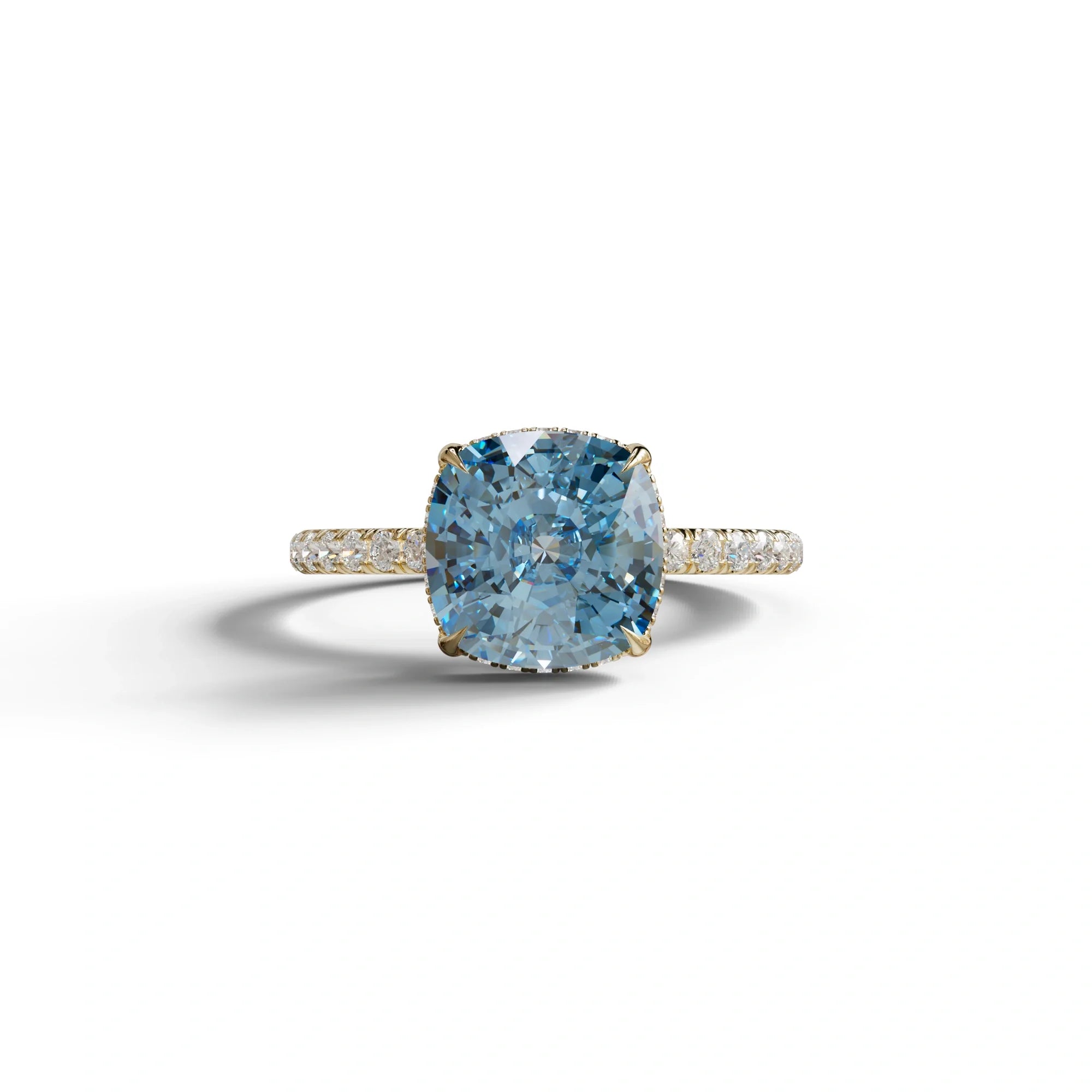 2.5 Carat Blue Cushion Cut Hidden Halo & Pave Lab Grown Diamond Ring - 10K Solid Gold / Yellow Gold