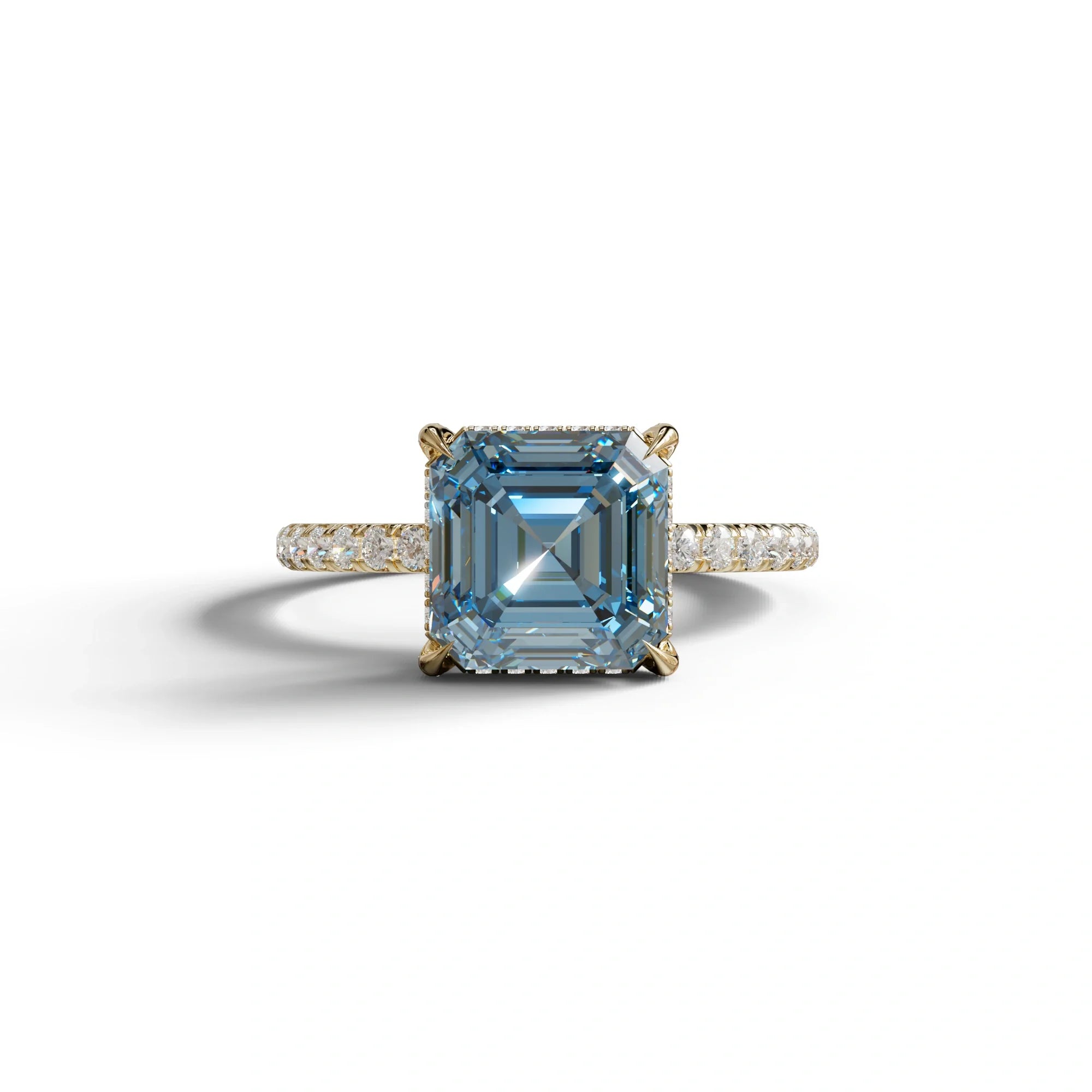 3 Carat Blue Asscher Cut Hidden Halo & Pave Lab Grown Diamond Ring - 10K Solid Gold / Yellow Gold