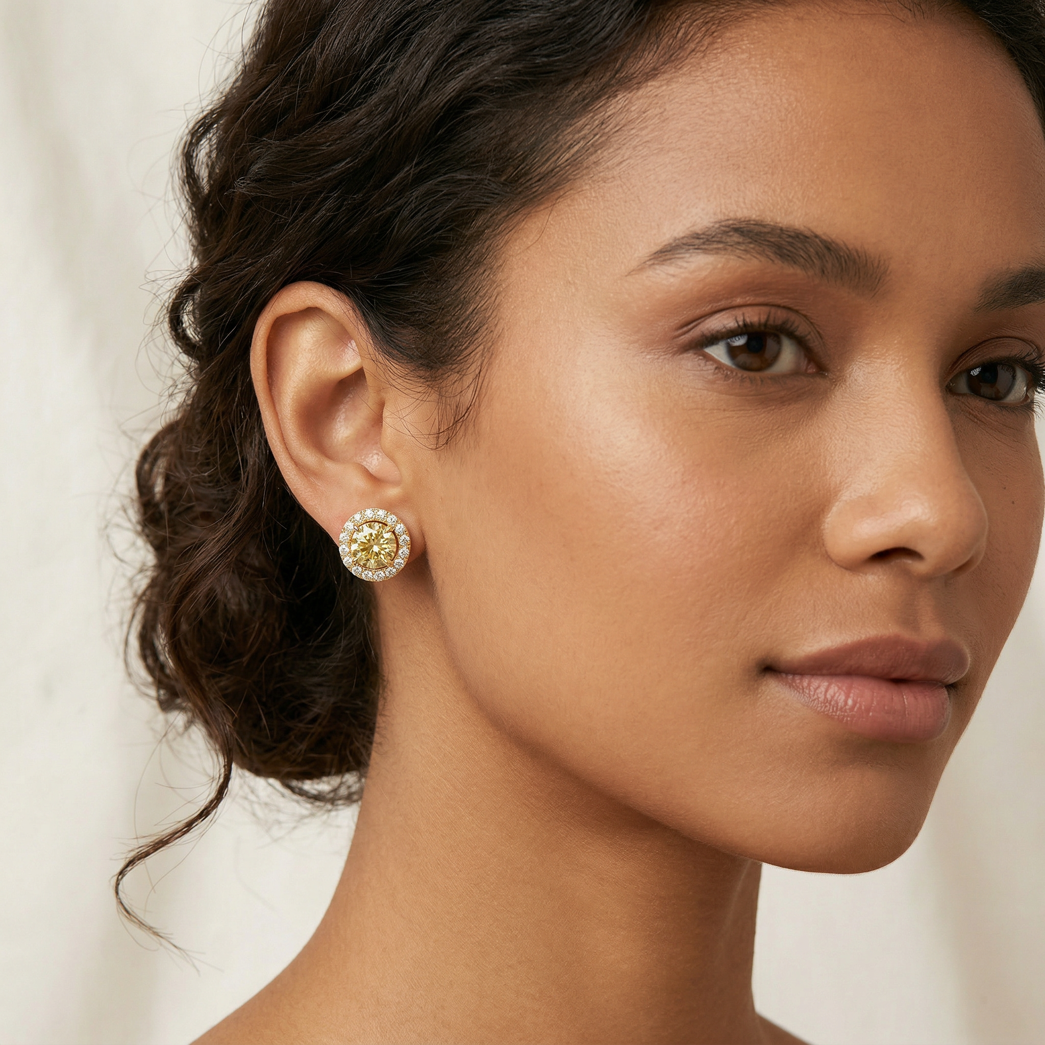 Ciera - Stunning Yellow Color Round Diamond Stud Earrings | Halo Setting | Certified