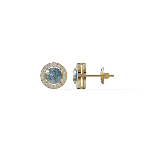 Ciera - Stunning Blue Color Round Diamond Stud Earrings | Halo Setting | Certified