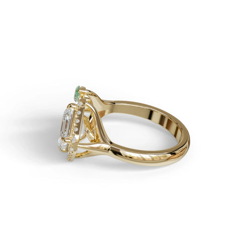 2 Carat Asscher Cut Diamond Cocktail Engagement Ring with Green Marquise - Nature Inspired