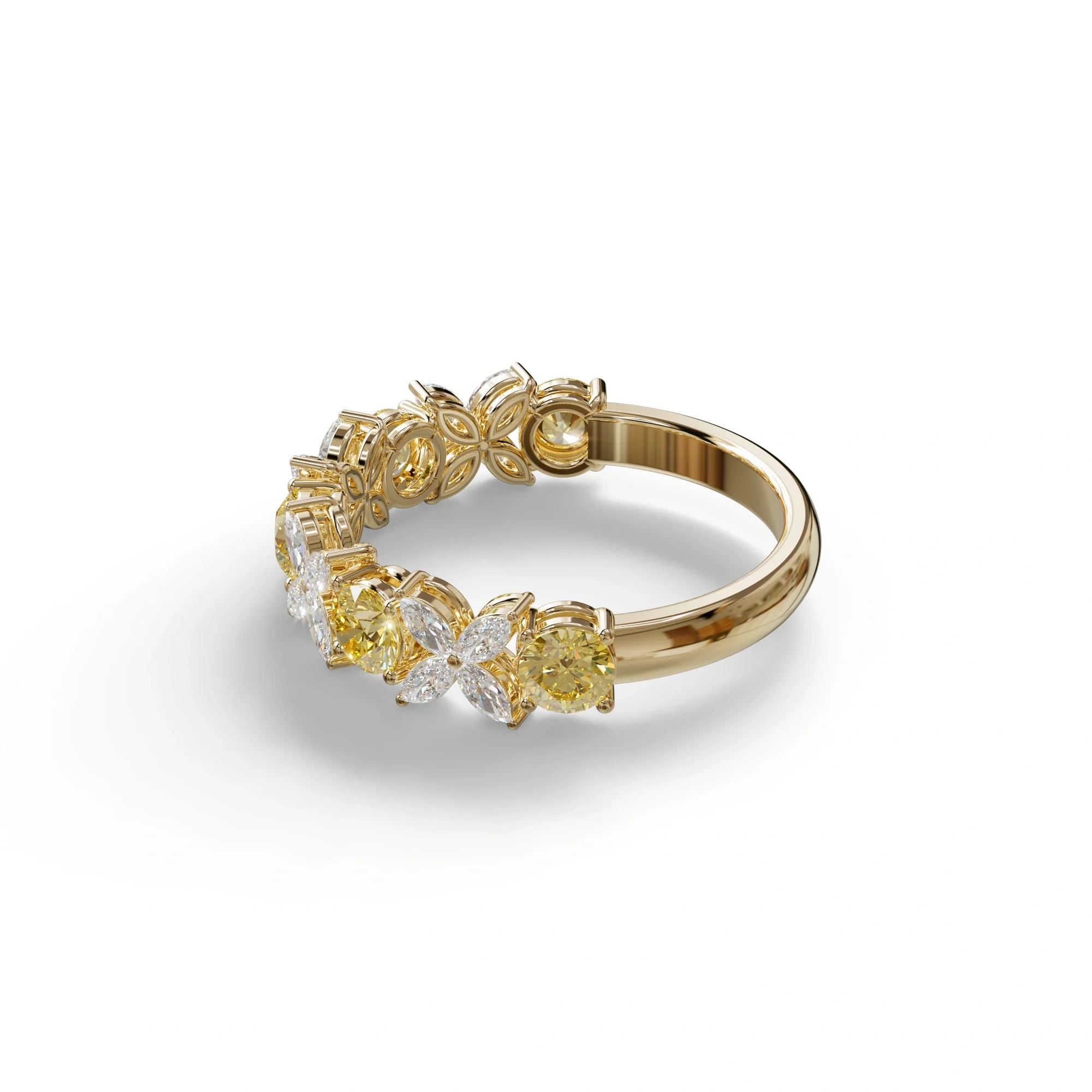Yellow Gold Marquise & Round Brilliant Diamond Flower Cluster Ring - 18k Gold