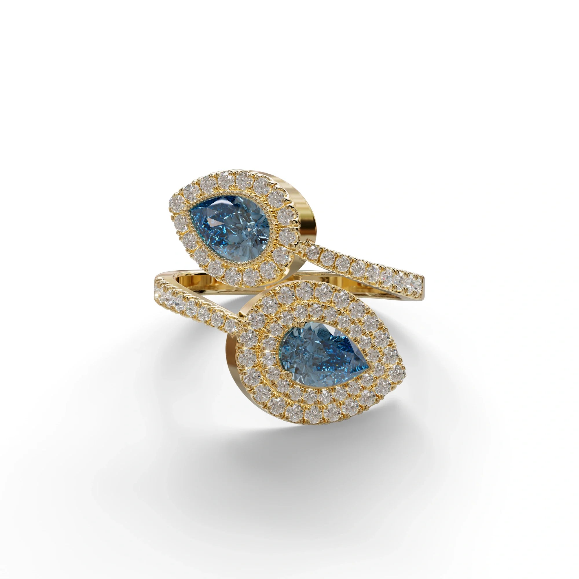 2 Carat Blue Pear Cut Halo & Pave Lab Grown Diamond Ring - Ahurissant - 10K Solid Gold / Yellow Gold
