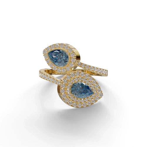 2 Carat Blue Pear Cut Halo & Pave Lab Grown Diamond Ring - Ahurissant - 10K Solid Gold / Yellow Gold
