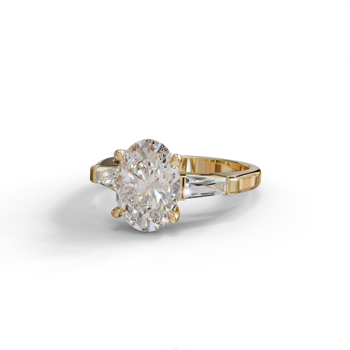 3.75 Carat E/VVS Oval & Tapered Baguette Lab Grown Diamond Three Stone Engagement Ring