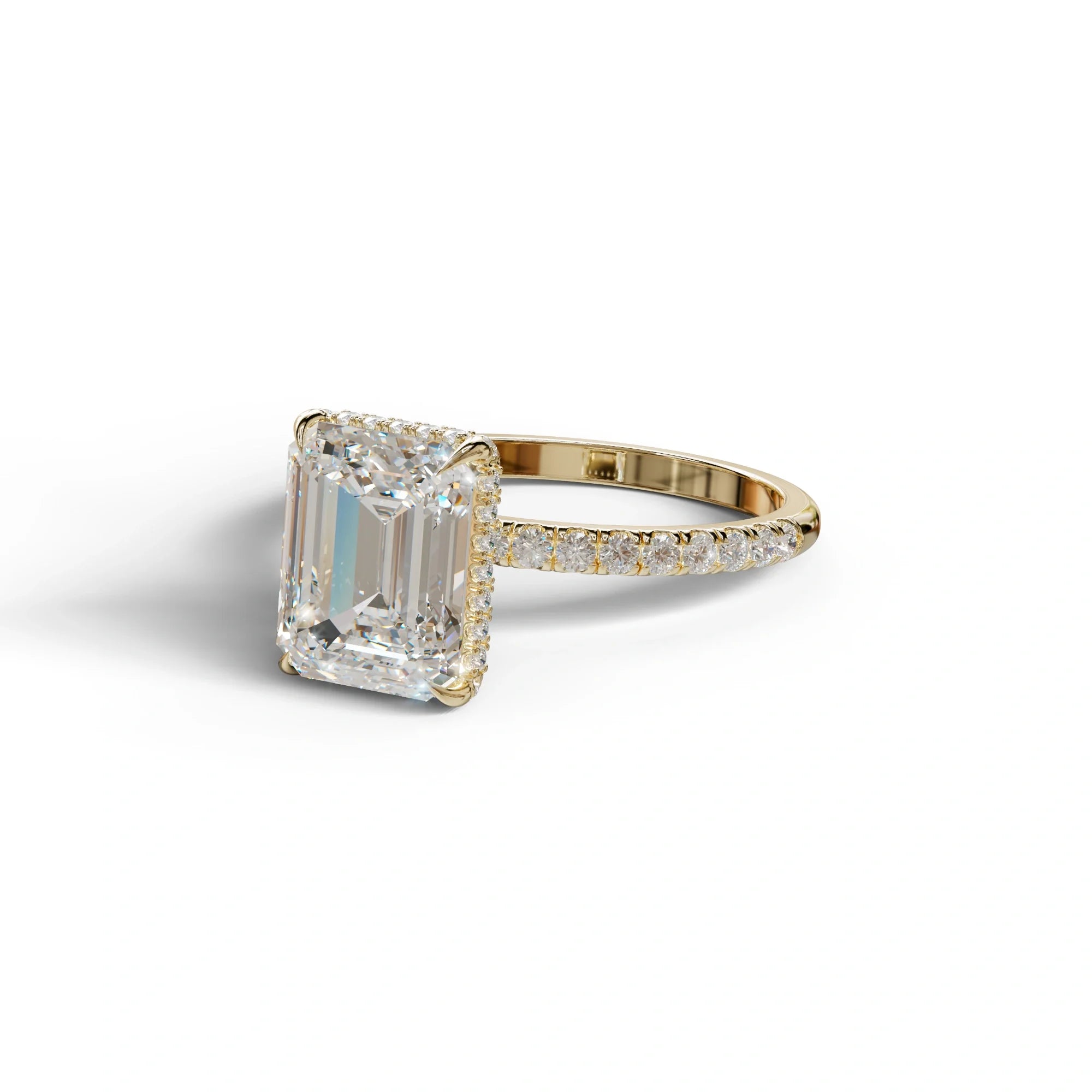 3 Carat E-VVS Emerald Cut Lab Diamond In Hidden Halo & Pave Setting Ring