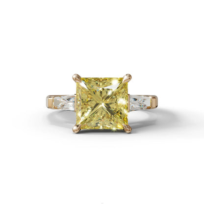 3 Carat Yellow Princess & Baguette Cut Lab Grown Diamond Ring - Alluring - 10K Solid Gold / Rose Gold