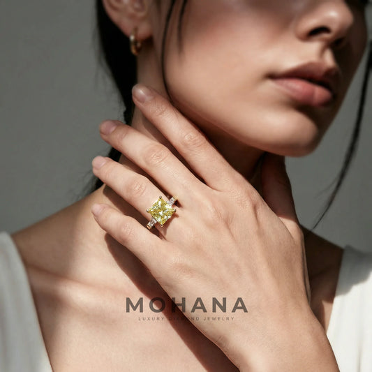 4ct Canary Yellow Princess & Tapered Baguette Three Stone Lab Diamond Ring - Alluring