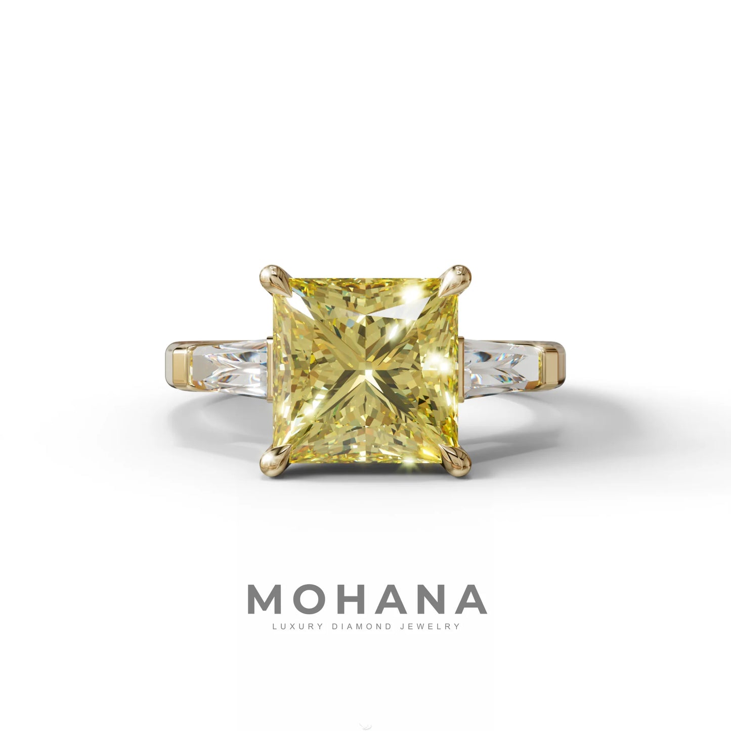 3 Carat Yellow Princess & Baguette Cut Lab Grown Diamond Ring - Alluring - 10K Solid Gold / Yellow Gold