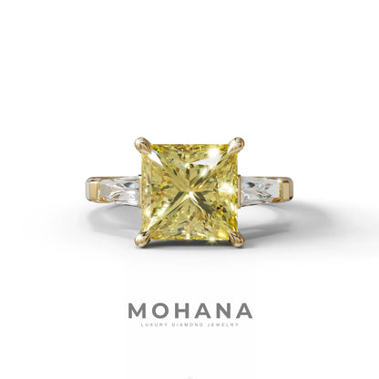 3 Carat Yellow Princess & Baguette Cut Lab Grown Diamond Ring - Alluring - 10K Solid Gold / Yellow Gold