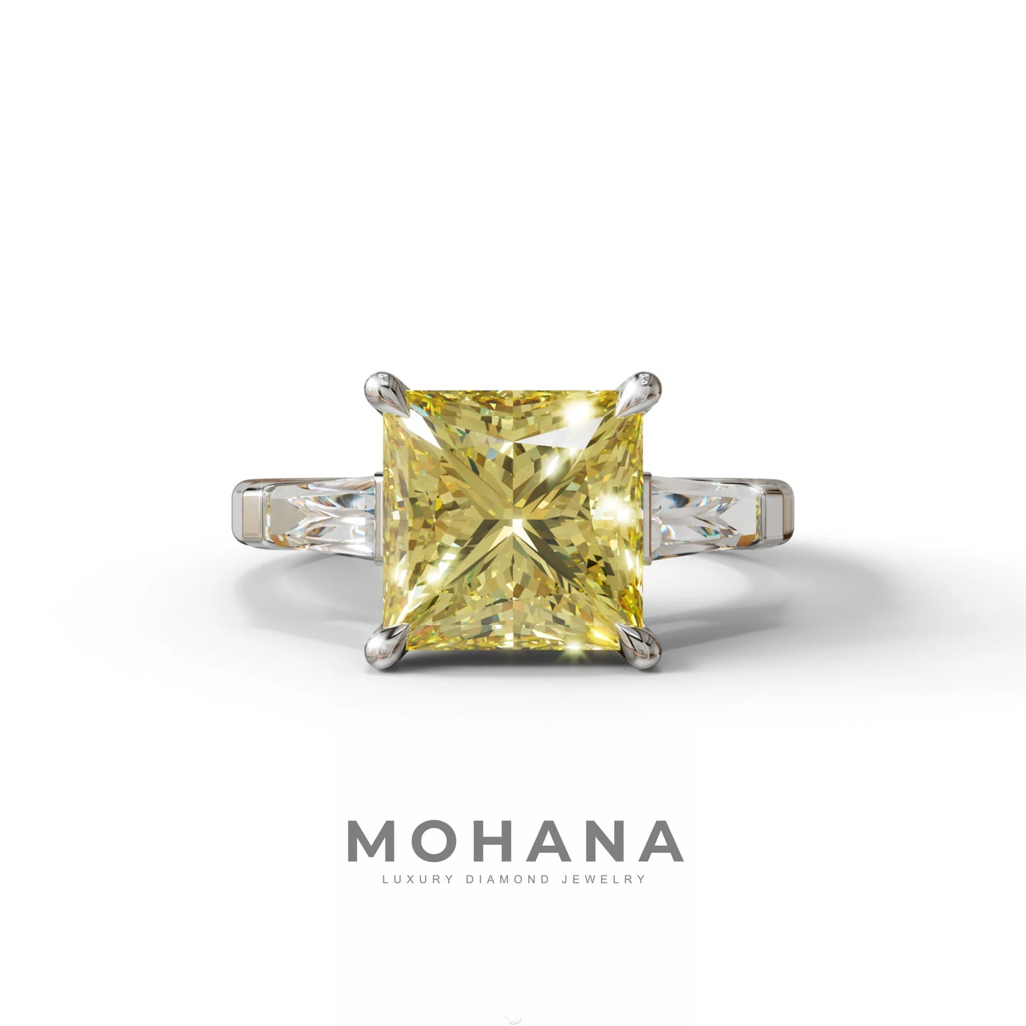 3 Carat Yellow Princess & Baguette Cut Lab Grown Diamond Ring - Alluring - 10K Solid Gold / White Gold