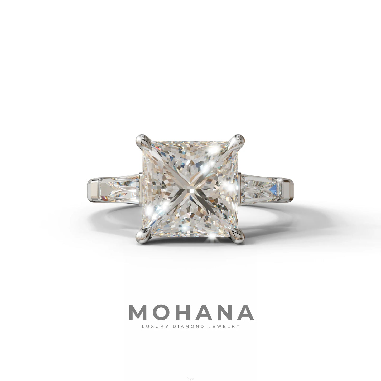 E/VVS 3 Carat Princess & Baguette Cut Lab Grown Diamond Ring - Alluring - 10K Solid Gold / White Gold