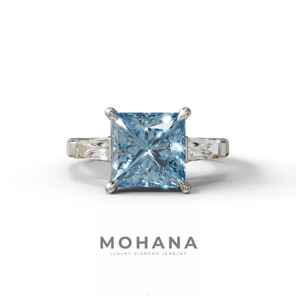 3 Carat Blue Princess & Baguette Cut Lab Grown Diamond Ring - Alluring - 10K Solid Gold / White Gold