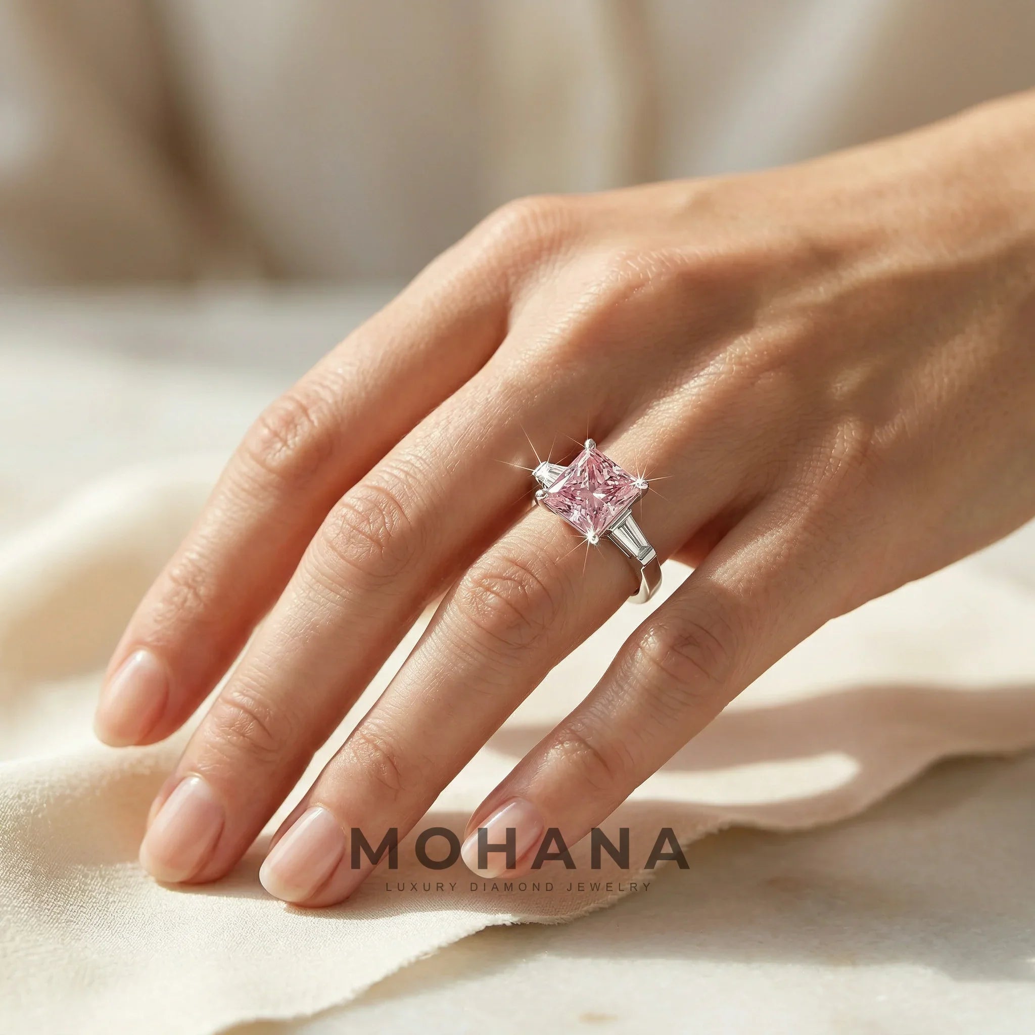 4ct Fancy Pink Princess & Tapered Baguette Three Stone Lab Diamond Ring - Alluring