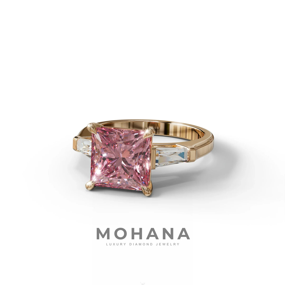 3 Carat Pink Princess & Baguette Cut Lab Grown Diamond Ring - Alluring