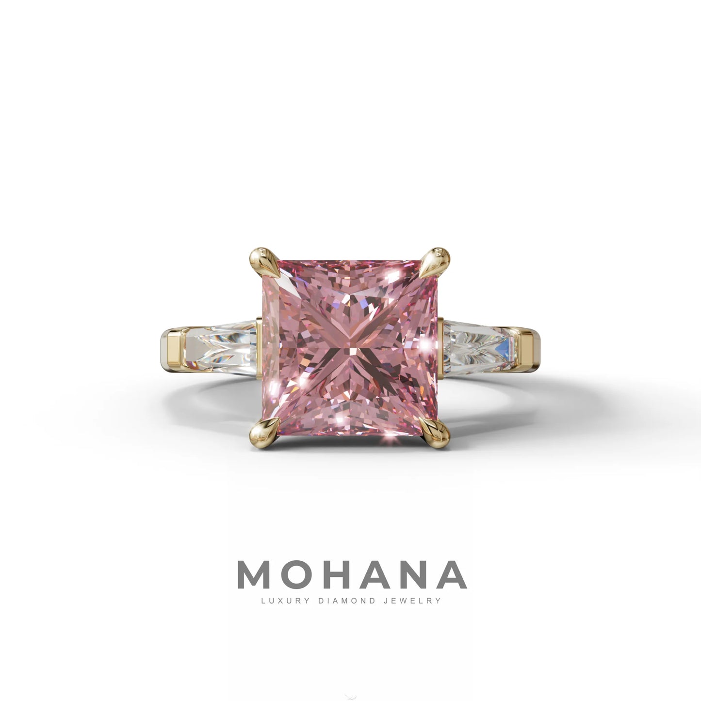 3 Carat Pink Princess & Baguette Cut Lab Grown Diamond Ring - Alluring - 10K Solid Gold / Yellow Gold