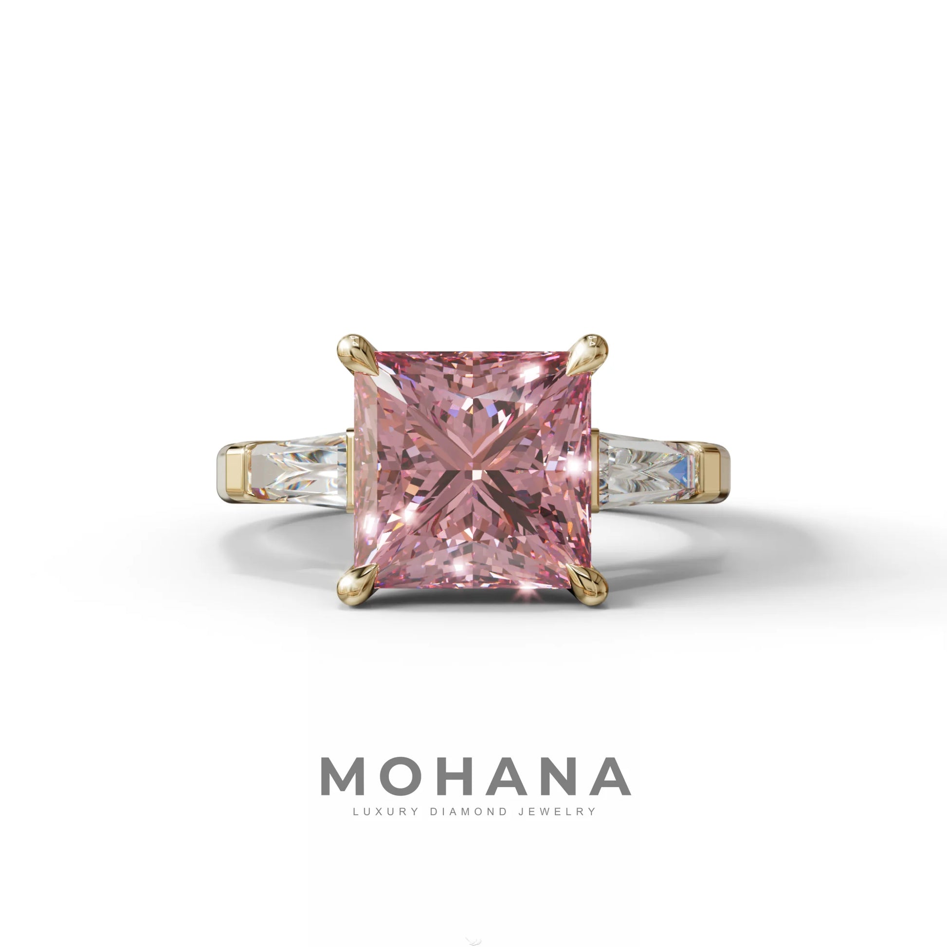 3 Carat Pink Princess & Baguette Cut Lab Grown Diamond Ring - Alluring - 10K Solid Gold / Yellow Gold