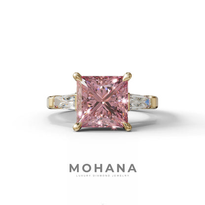 3 Carat Pink Princess & Baguette Cut Lab Grown Diamond Ring - Alluring - 10K Solid Gold / Yellow Gold