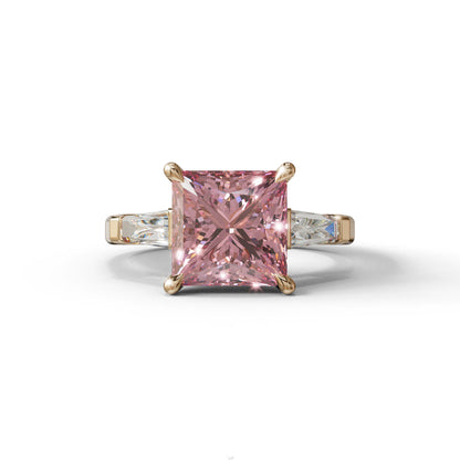 3 Carat Pink Princess & Baguette Cut Lab Grown Diamond Ring - Alluring - 10K Solid Gold / Rose Gold