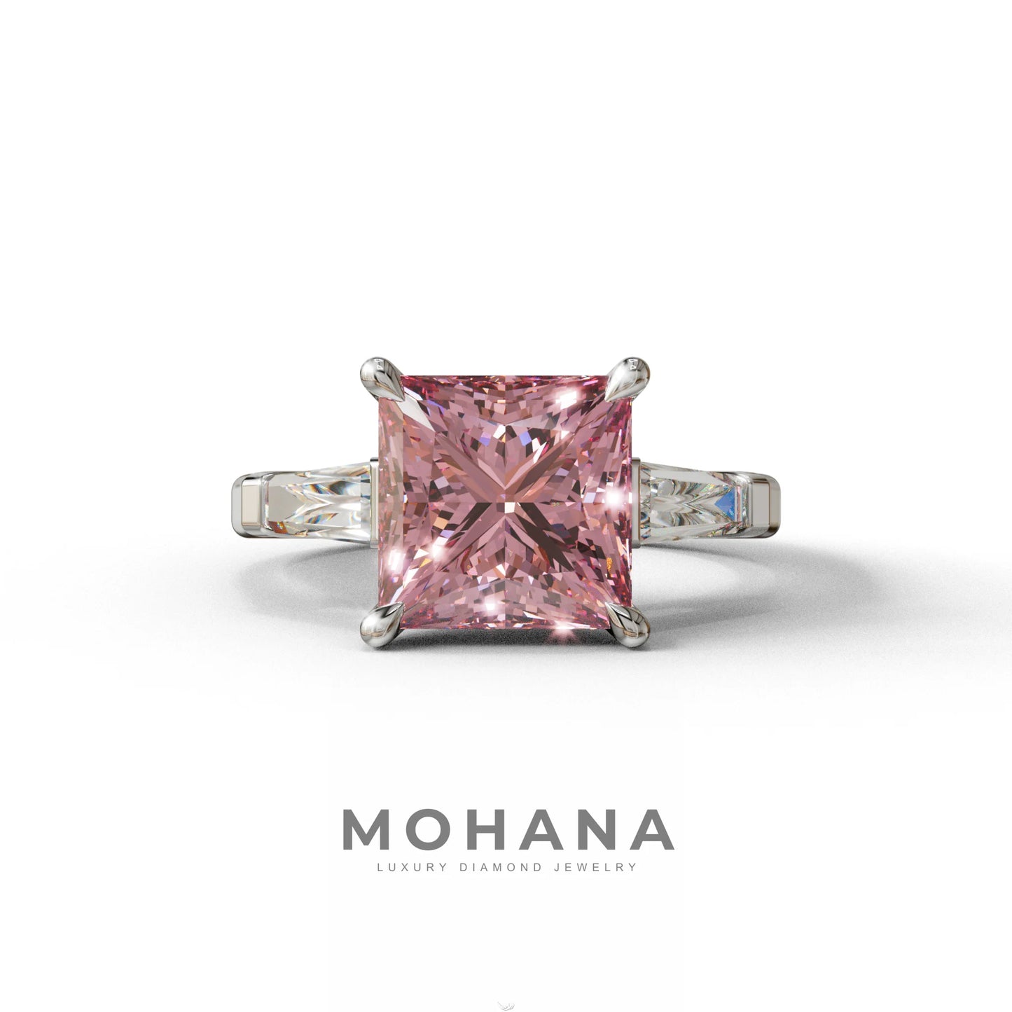 3 Carat Pink Princess & Baguette Cut Lab Grown Diamond Ring - Alluring - 10K Solid Gold / White Gold