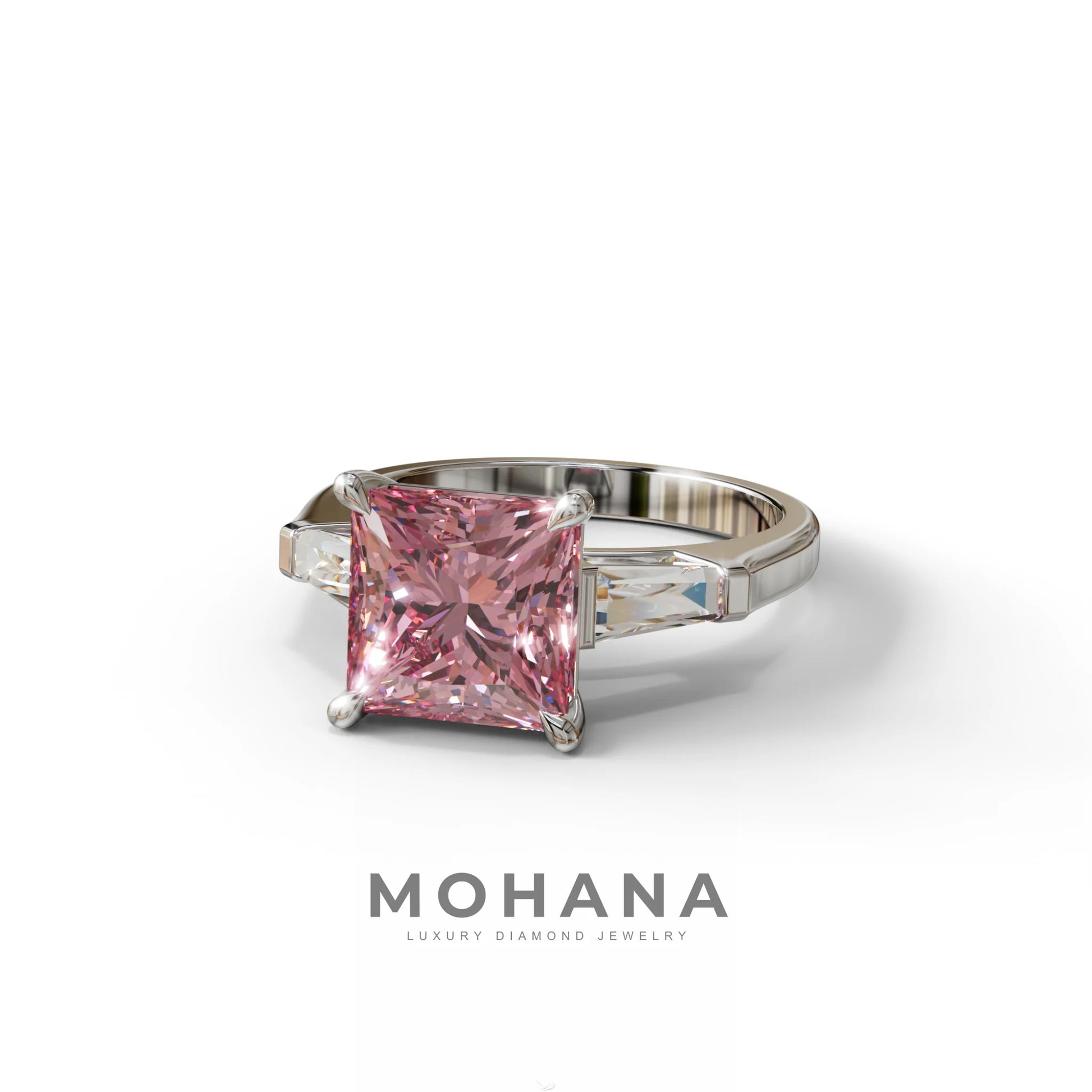 3 Carat Pink Princess & Baguette Cut Lab Grown Diamond Ring - Alluring
