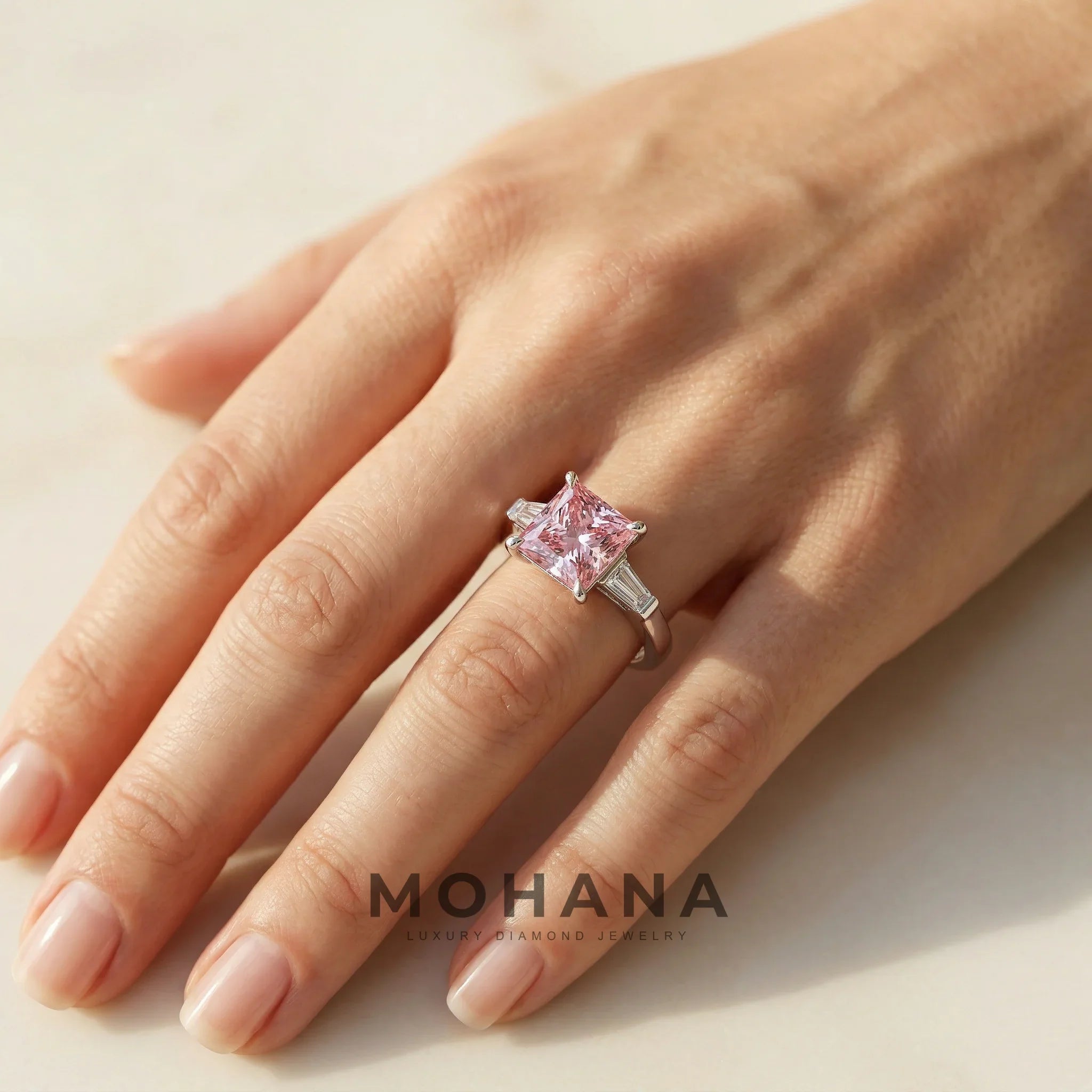 4ct Fancy Pink Princess & Tapered Baguette Three Stone Lab Diamond Ring - Alluring