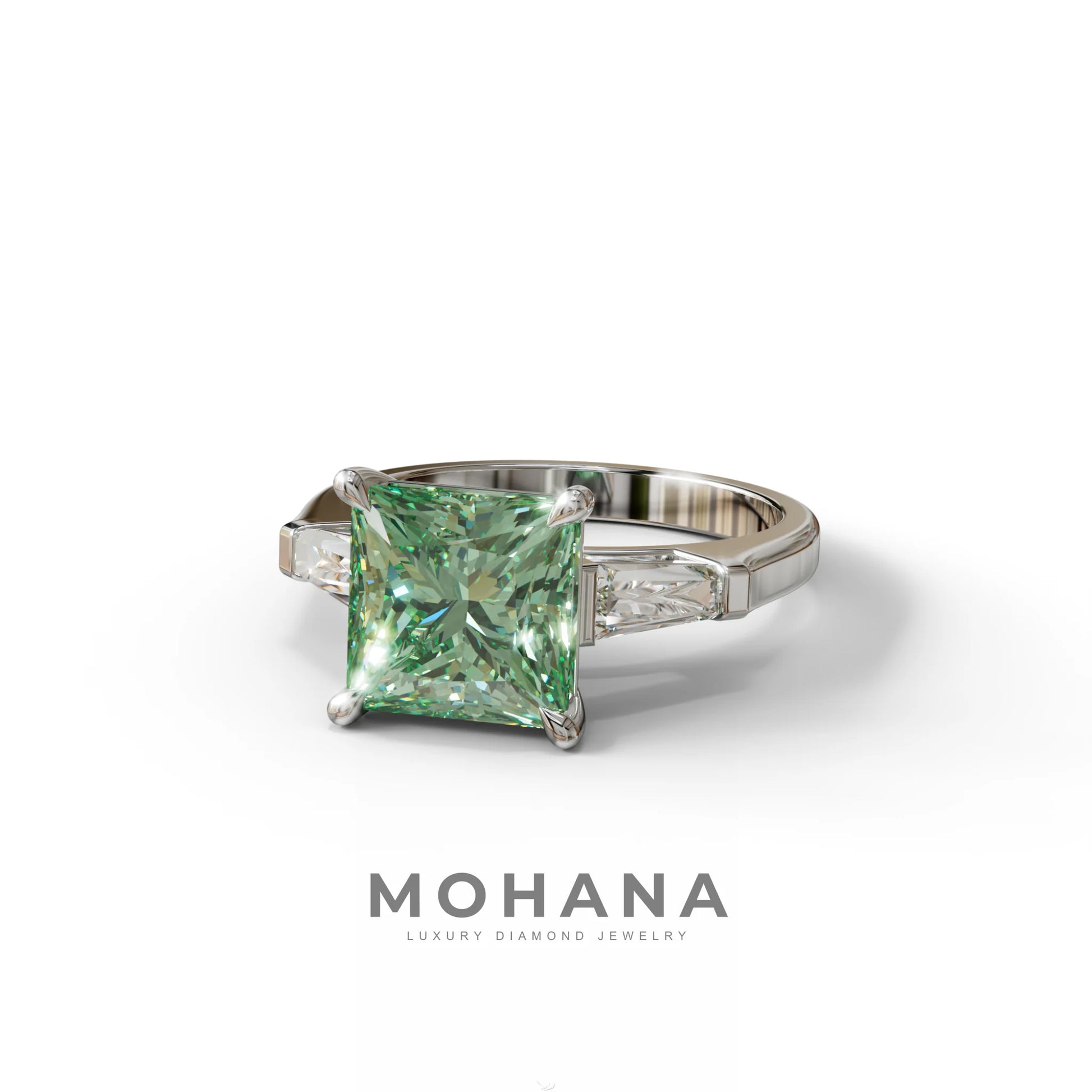 3 Carat Green Princess & Baguette Cut Lab Grown Diamond Ring - Alluring