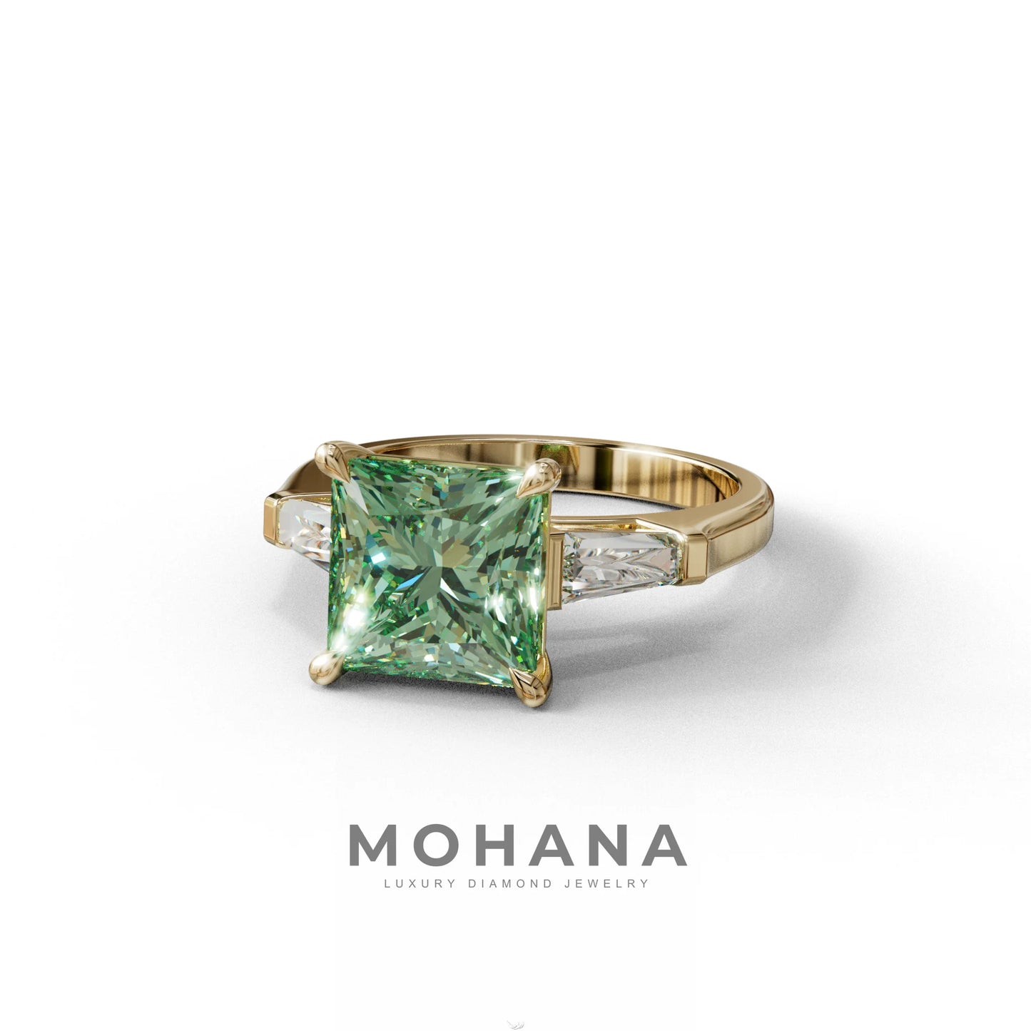 3 Carat Green Princess & Baguette Cut Lab Grown Diamond Ring - Alluring