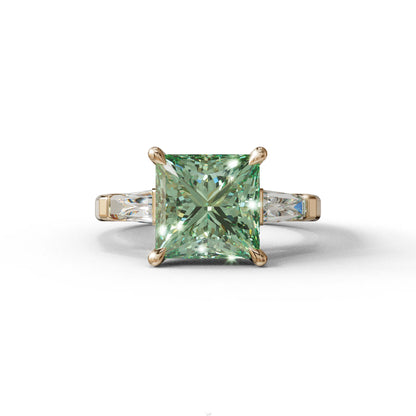 3 Carat Green Princess & Baguette Cut Lab Grown Diamond Ring - Alluring - 10K Solid Gold / Rose Gold