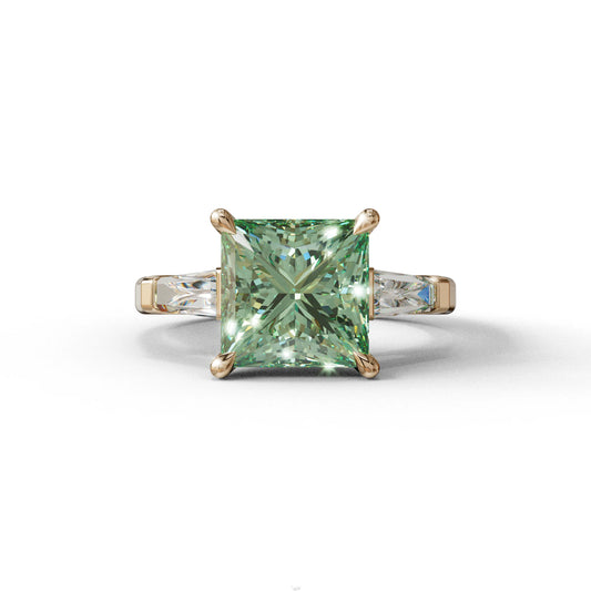 3 Carat Green Princess & Baguette Cut Lab Grown Diamond Ring - Alluring - 10K Solid Gold / Rose Gold