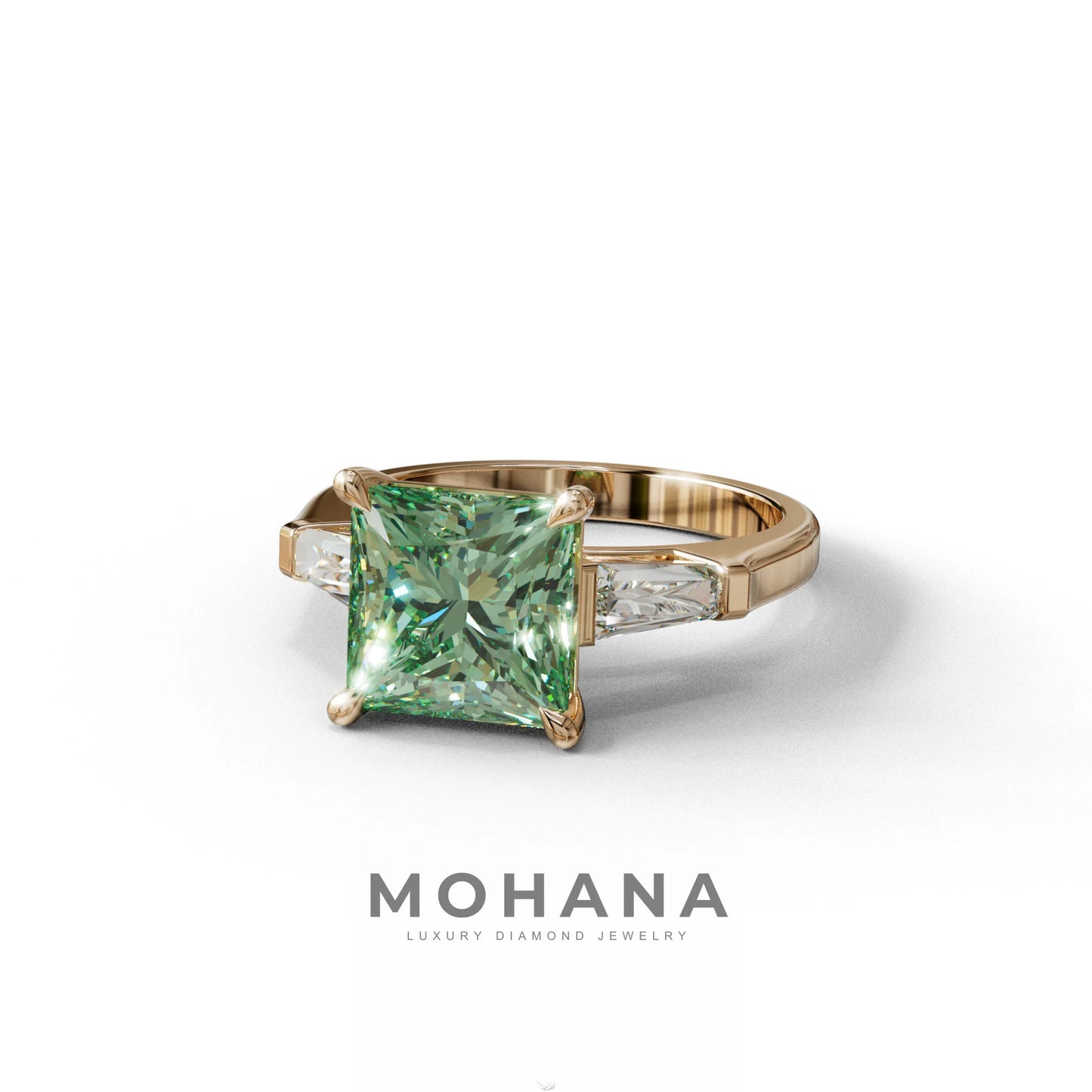 3 Carat Green Princess & Baguette Cut Lab Grown Diamond Ring - Alluring