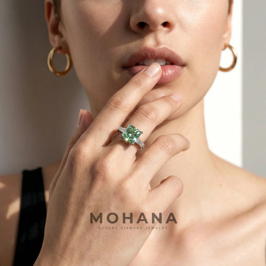 4ct Vivid Green Princess & Tapered Baguette Three Stone Lab Diamond Ring - Alluring