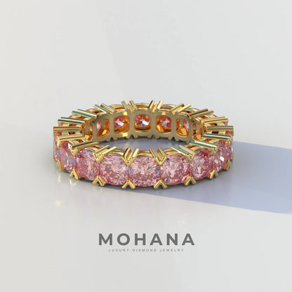 4mm Pink Cushion Lab Diamond Eternity Ring | Wedding Band Ring - Elysia - 10K Solid Gold / Yellow Gold
