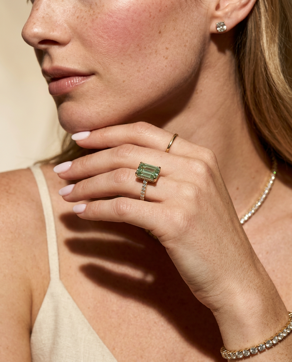 2.5 Carat Green Lab Grown Diamond Engagement Ring – Emerald Cut Hidden Halo | Siena - Engagement Ring