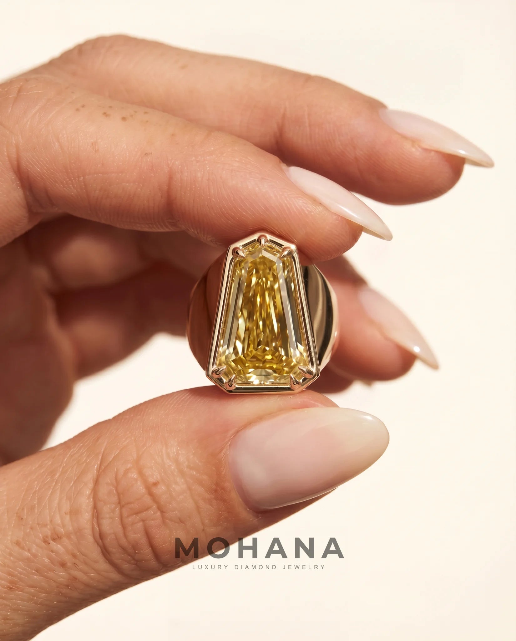 Ready to Ship 5.7 Carat Fancy Yellow Heptagonal Step-Cut Bezel Yellow Gold Diamond Ring — view 15